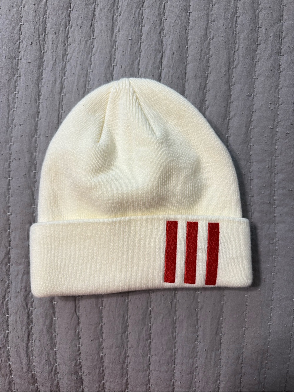Cream Adidas Knit Beanie with Red Stripe Accent